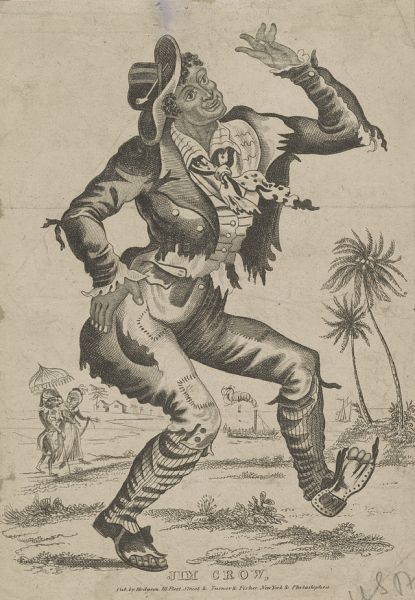 An illustration titled Jim Crow depicts a Black man performing a dance in tattered, patched clothing and a small top hat. In the background, palm trees stand near a body of water with a steamboat, while two small figures walk together in the distance.